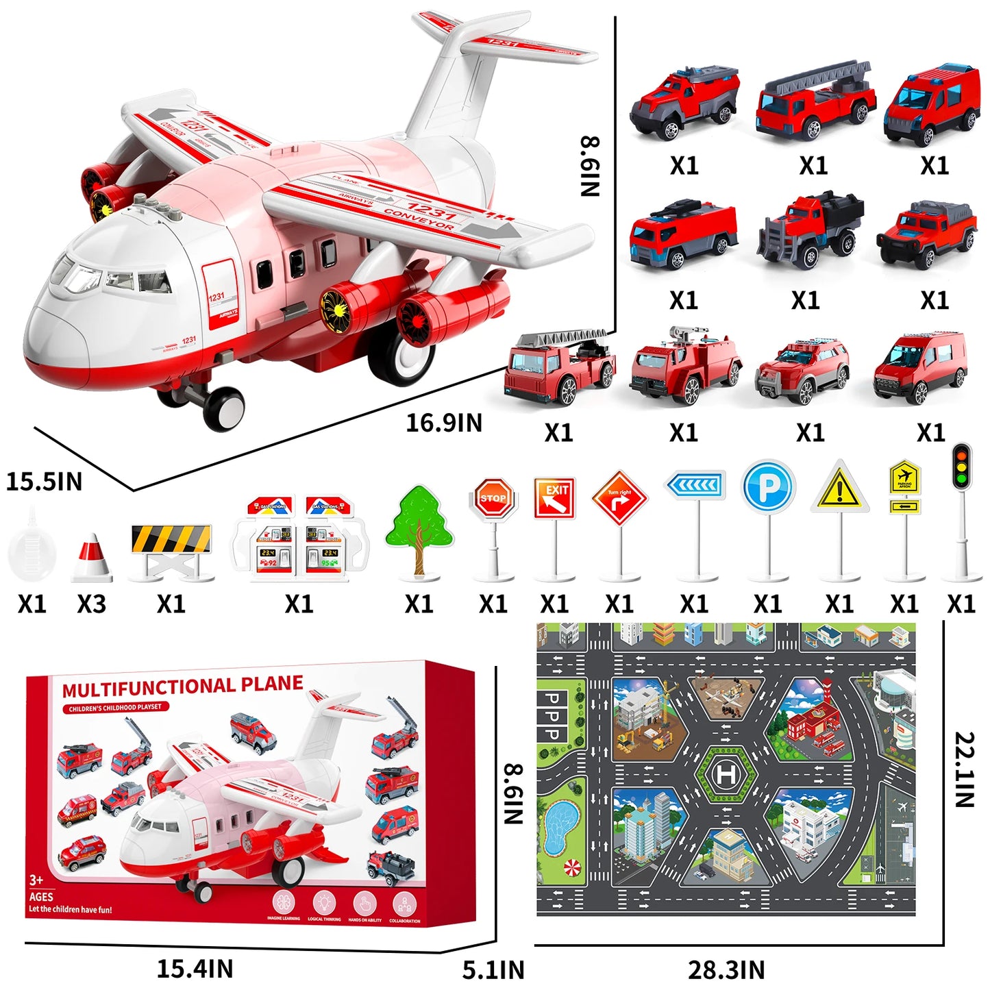 Airplane Kids Toys for Boys and Girls Ages 4 to 8 Large Transport Spray Aeroplane with 10 Fire Truck Vehicles Birthday Gift Set - The Best Assortments 25