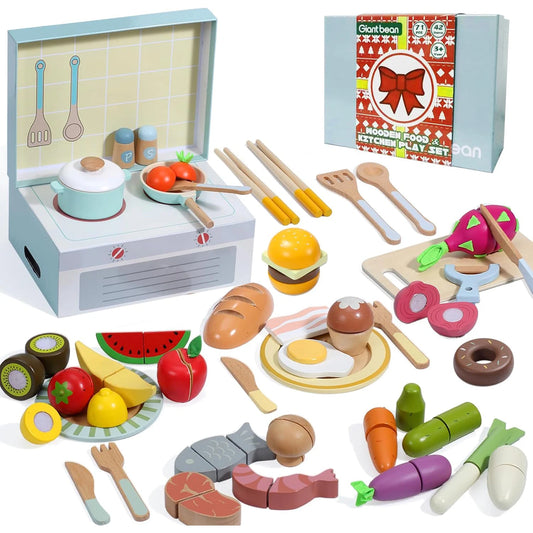 Wooden Play Food Set 78PCS Pretend Play Cooking Toy Play Kitchen Accessories with Vegetables Fruits Cutting Toys and Play Dishes - The Best Assortments 25
