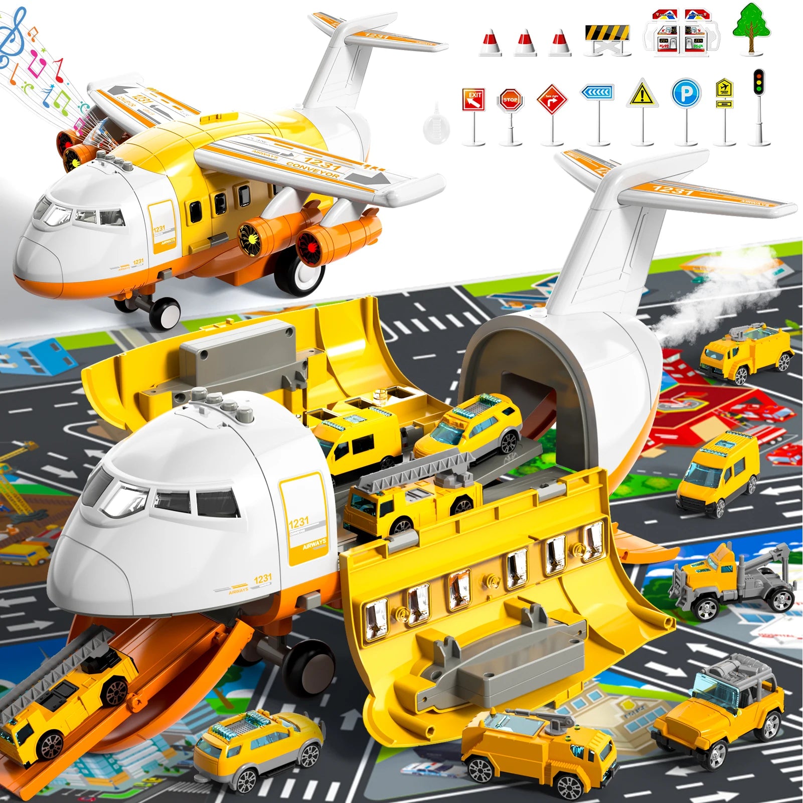 Airplane Kids Toys for Boys and Girls Ages 4 to 8 Large Transport Spray Aeroplane with 10 Fire Truck Vehicles Birthday Gift Set - The Best Assortments 25