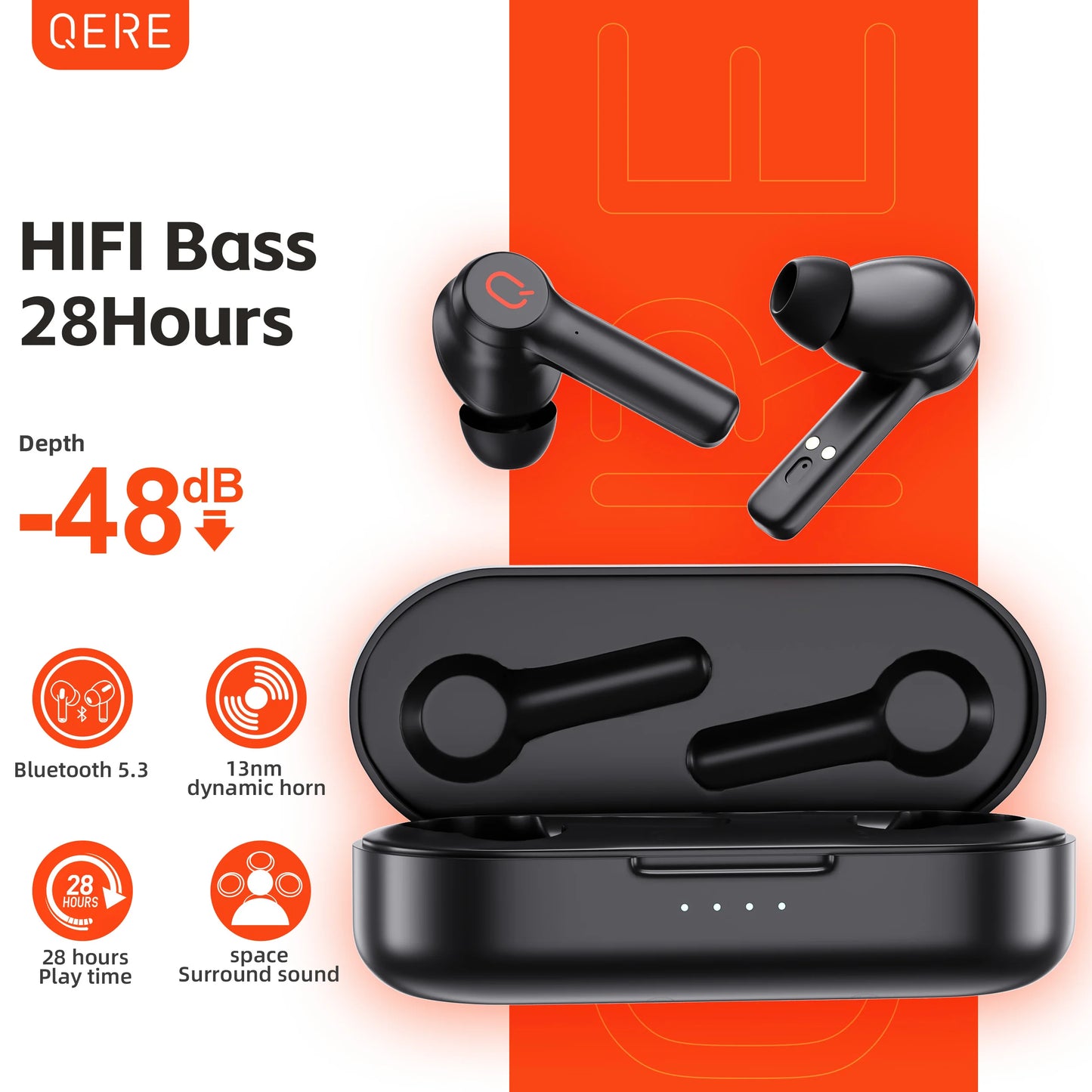 QERE E20 Wireless Headphones TWS Bluetooth 5.3 HD Microphone HiFi Earphones 13mm Driver 68ms Low Latency 4 Mics ENC Call - The Best Assortments 25