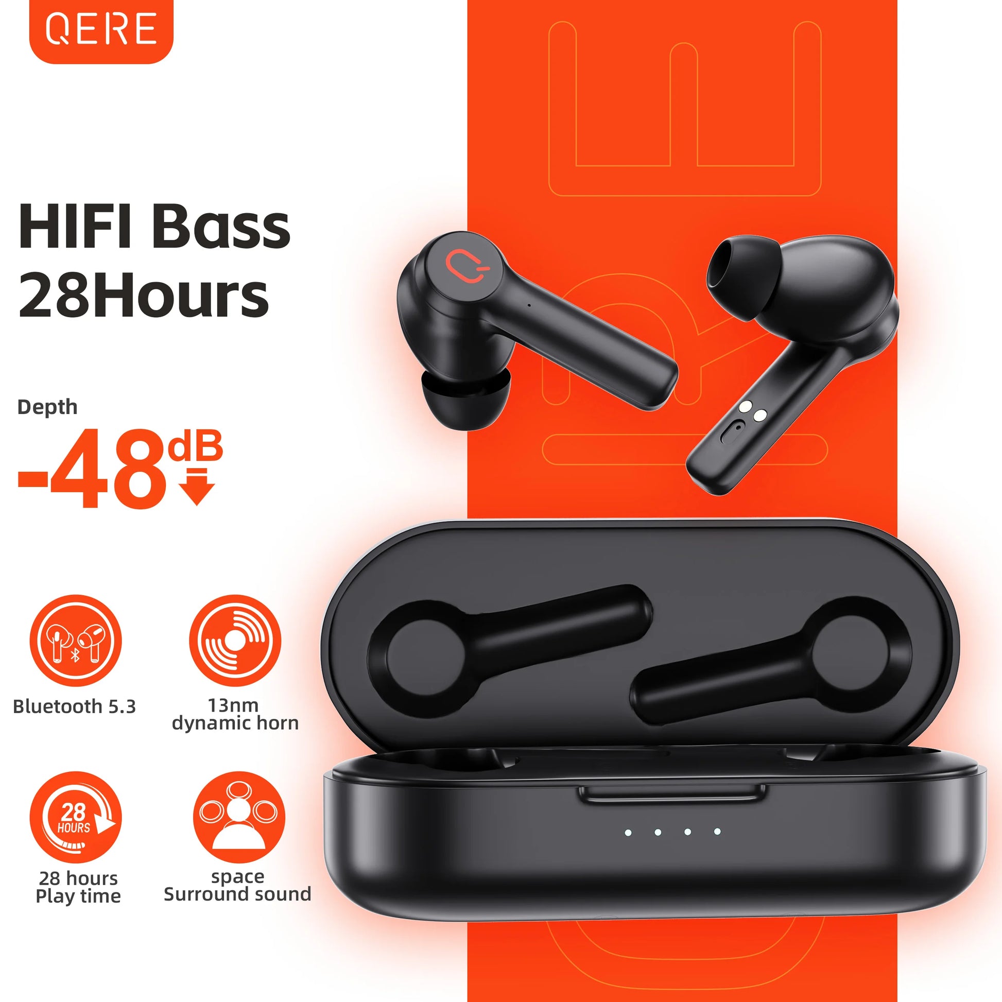 QERE E20 Wireless Headphones TWS Bluetooth 5.3 HD Microphone HiFi Earphones 13mm Driver 68ms Low Latency 4 Mics ENC Call - The Best Assortments 25