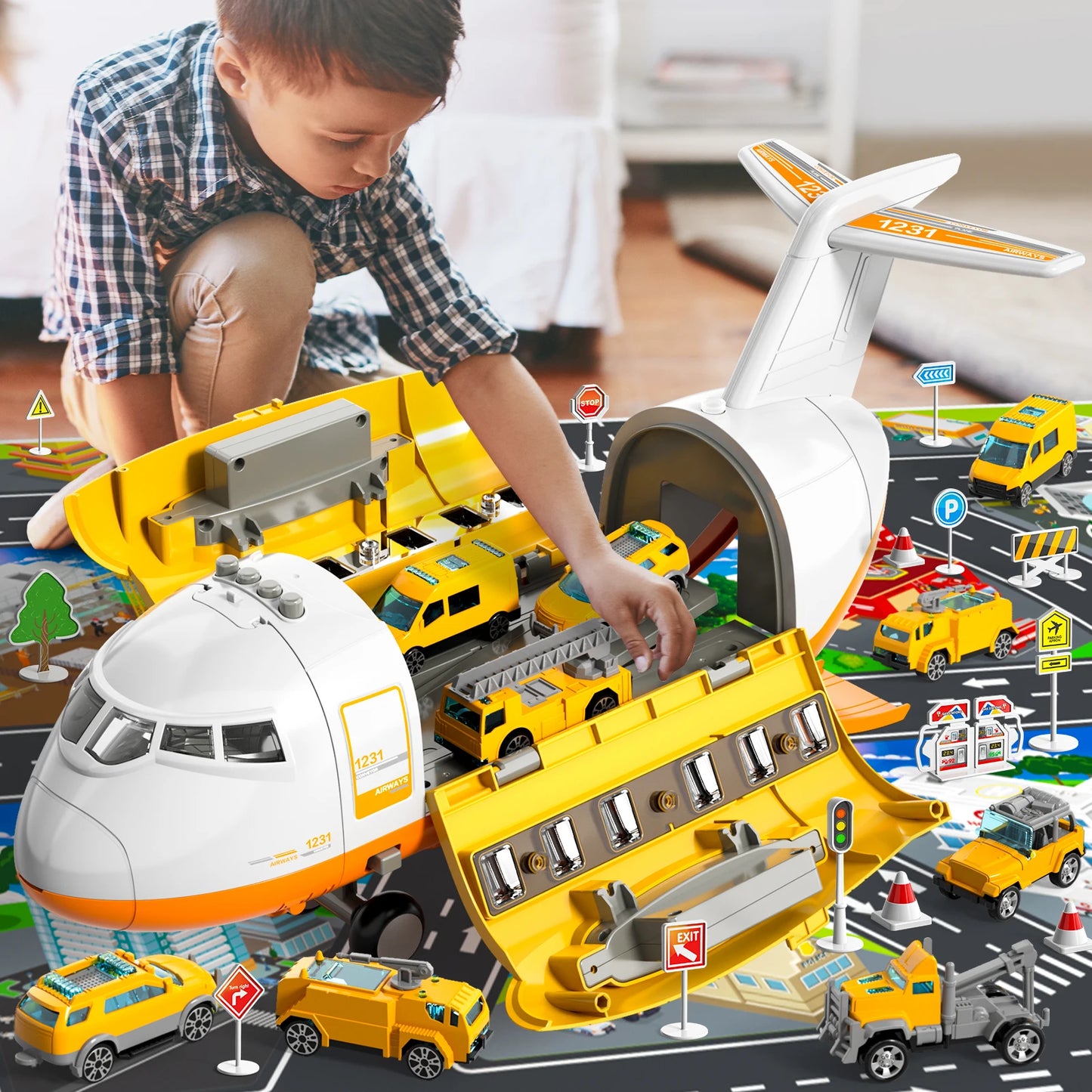 Airplane Kids Toys for Boys and Girls Ages 4 to 8 Large Transport Spray Aeroplane with 10 Fire Truck Vehicles Birthday Gift Set - The Best Assortments 25