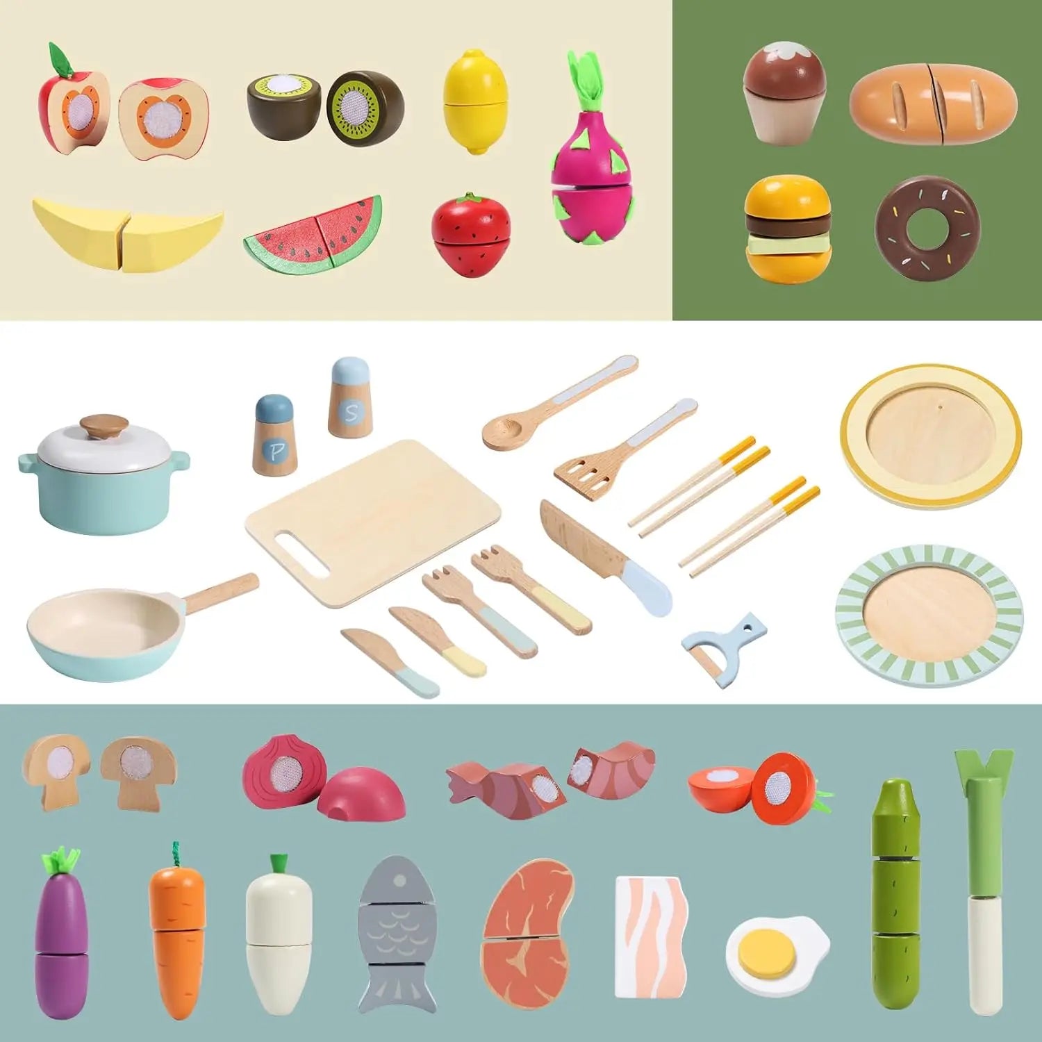 Wooden Play Food Set 78PCS Pretend Play Cooking Toy Play Kitchen Accessories with Vegetables Fruits Cutting Toys and Play Dishes - The Best Assortments 25