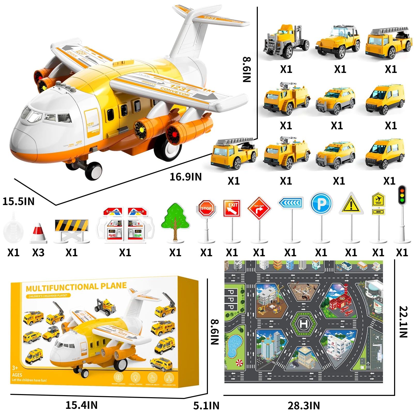 Airplane Kids Toys for Boys and Girls Ages 4 to 8 Large Transport Spray Aeroplane with 10 Fire Truck Vehicles Birthday Gift Set - The Best Assortments 25