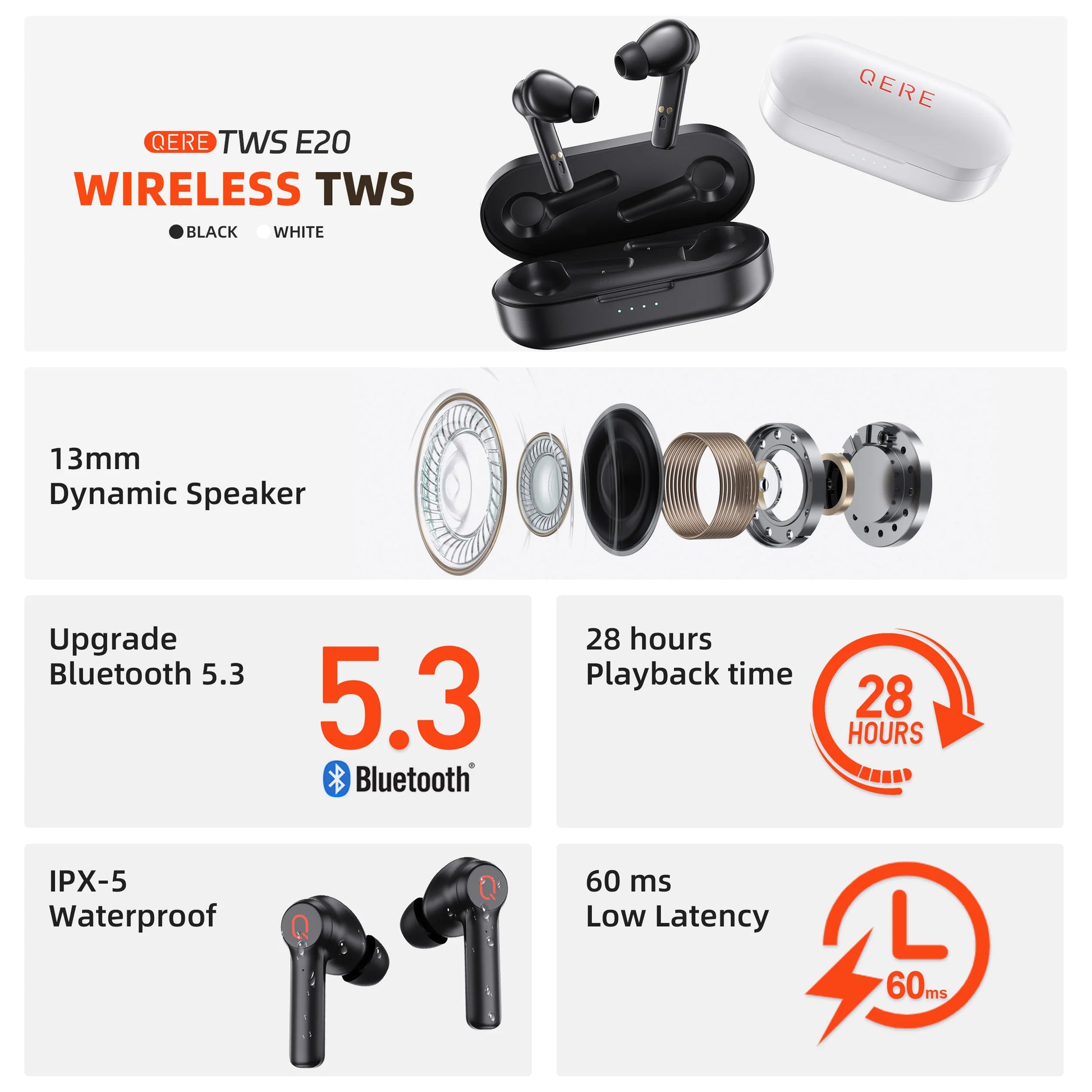 QERE E20 Wireless Headphones TWS Bluetooth 5.3 HD Microphone HiFi Earphones 13mm Driver 68ms Low Latency 4 Mics ENC Call - The Best Assortments 25