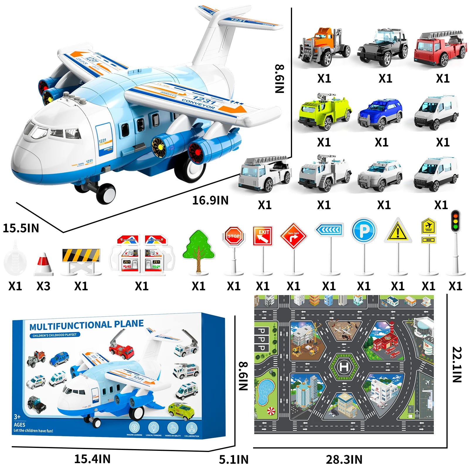 Airplane Kids Toys for Boys and Girls Ages 4 to 8 Large Transport Spray Aeroplane with 10 Fire Truck Vehicles Birthday Gift Set - The Best Assortments 25