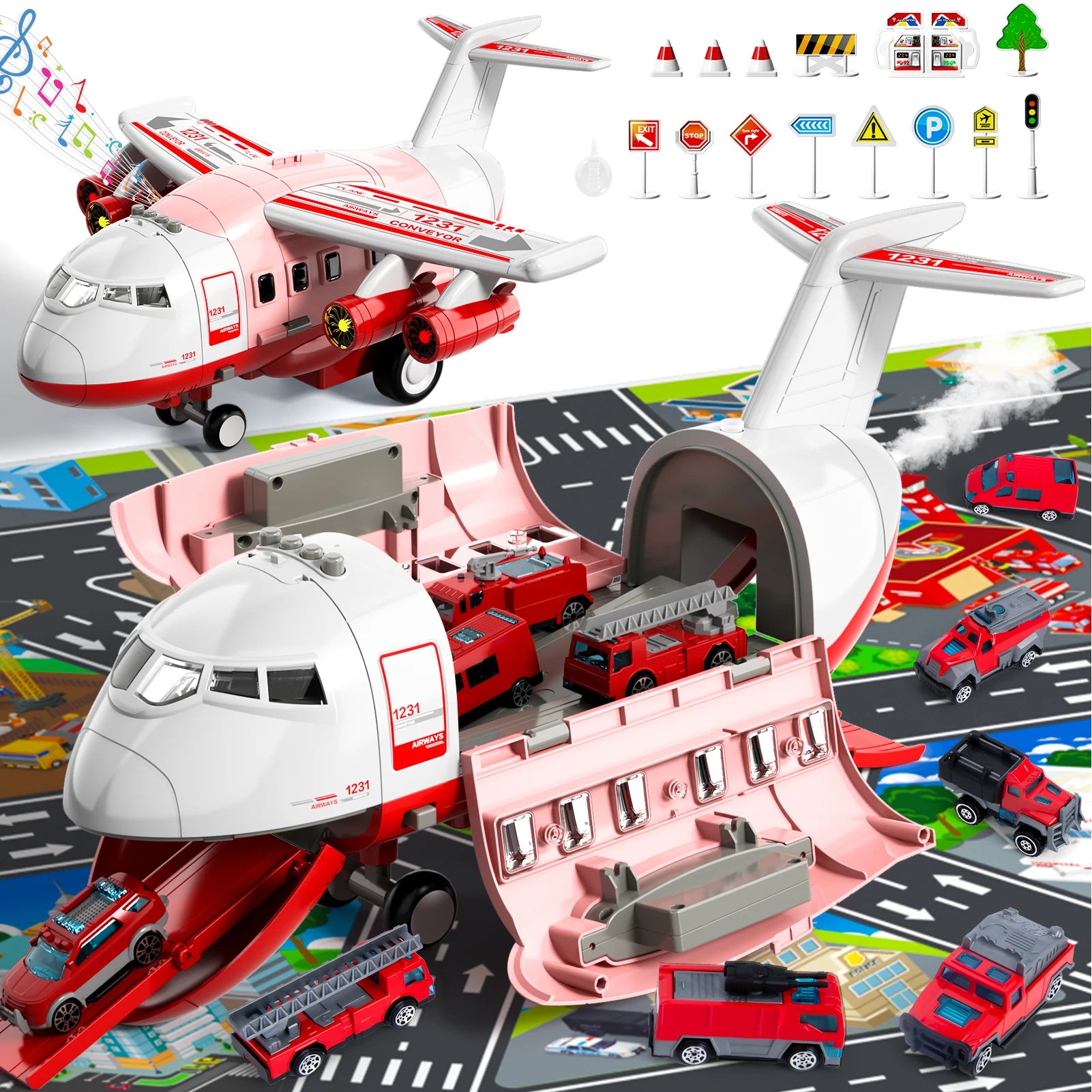 Airplane Kids Toys for Boys and Girls Ages 4 to 8 Large Transport Spray Aeroplane with 10 Fire Truck Vehicles Birthday Gift Set - The Best Assortments 25