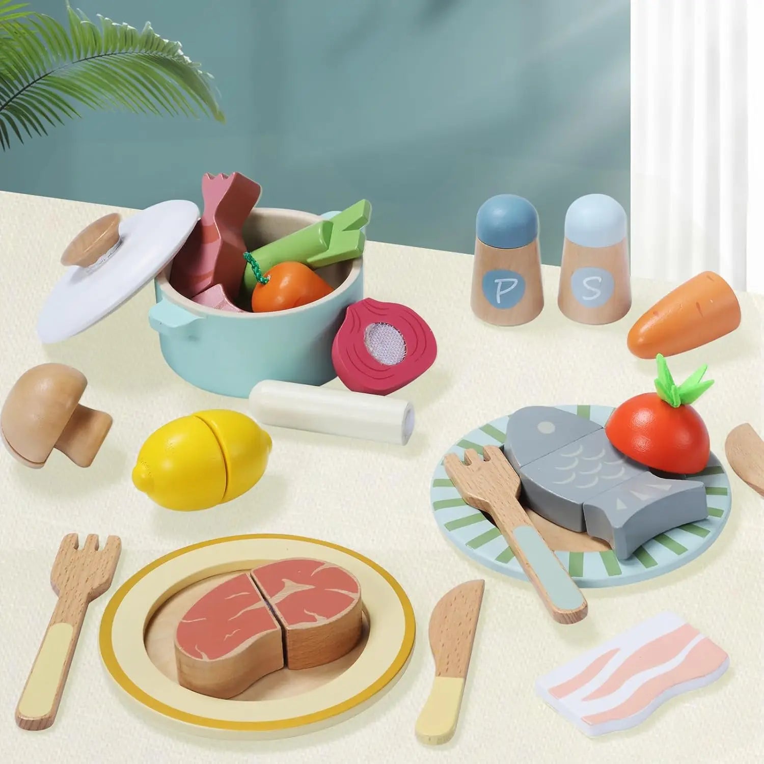Wooden Play Food Set 78PCS Pretend Play Cooking Toy Play Kitchen Accessories with Vegetables Fruits Cutting Toys and Play Dishes - The Best Assortments 25