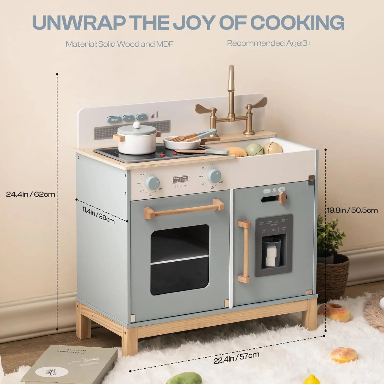 Robotime Play Kitchen Wooden Kids Playset with Real Lights Sounds Ice Cube Dispenser Blue Toy Kitchen for Ages 3 to 6 Years - The Best Assortments 25