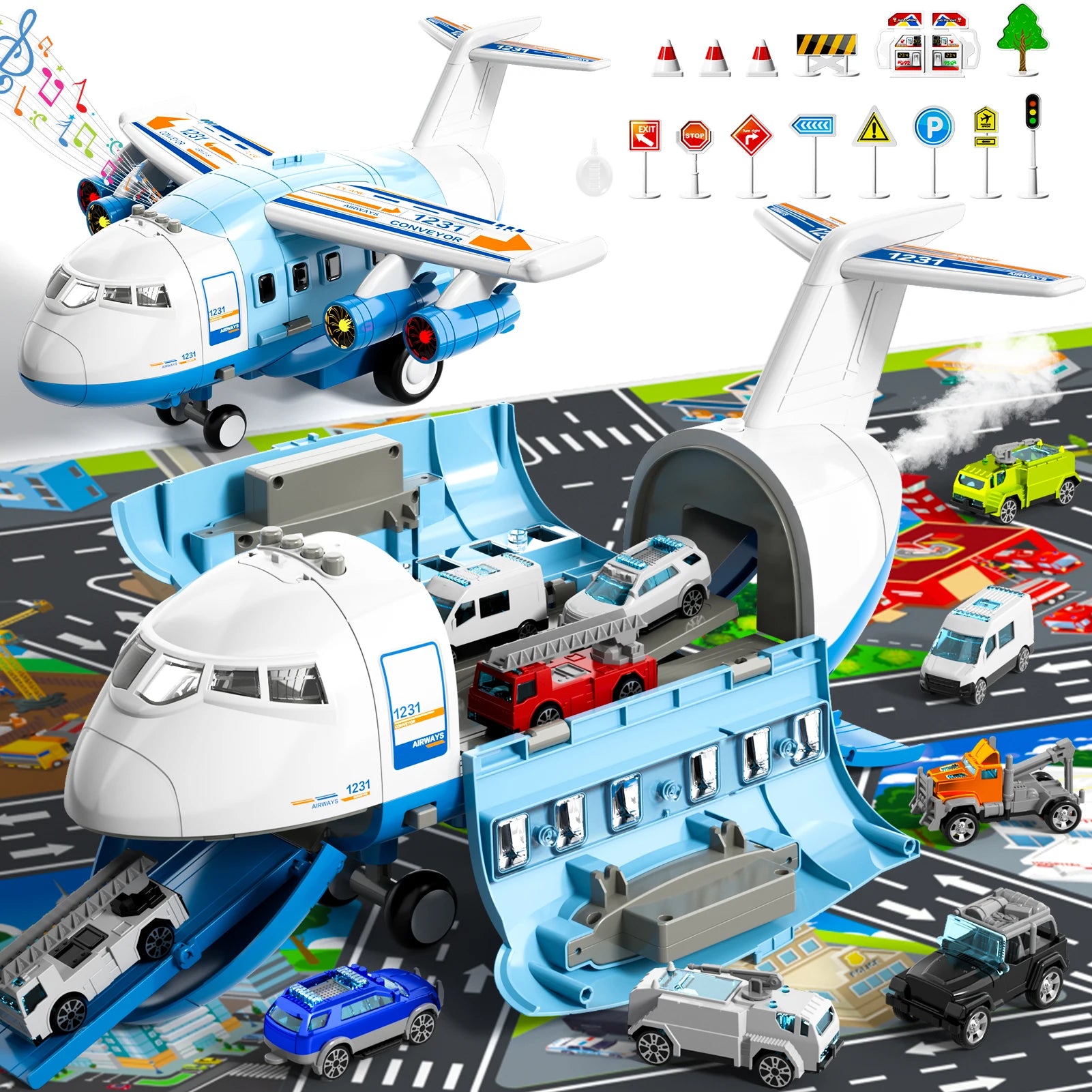 Airplane Kids Toys for Boys and Girls Ages 4 to 8 Large Transport Spray Aeroplane with 10 Fire Truck Vehicles Birthday Gift Set - The Best Assortments 25