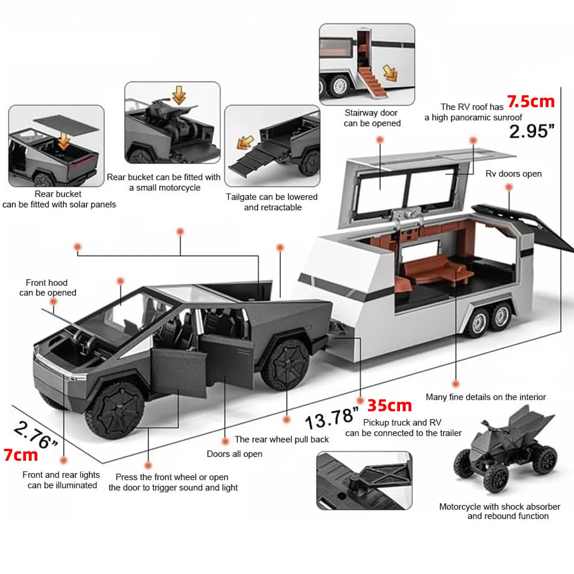 Boy Toy Pickup Truck 1/24 Mars Pickup Diecast Metal Model Car Camper RV Motorhome Toys with Sound and Light Pull Back - The Best Assortments 25